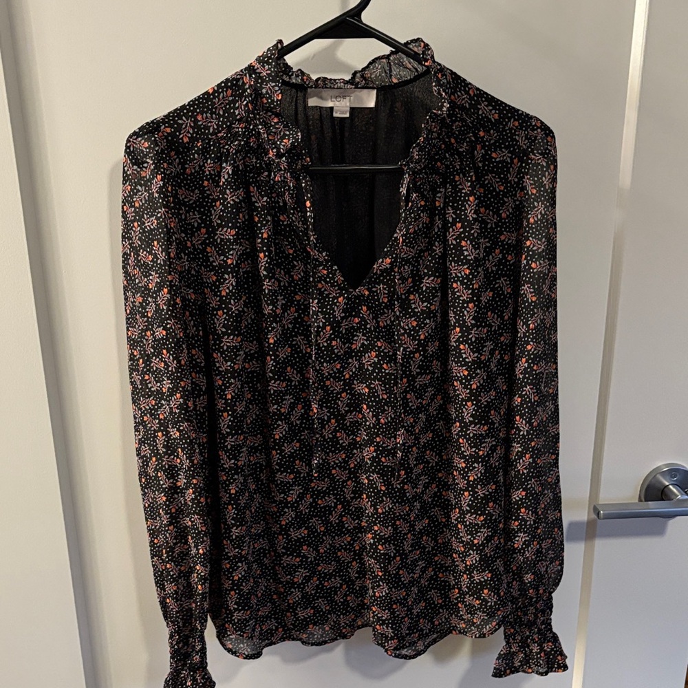 LOFT Black and Pink Floral Blouse